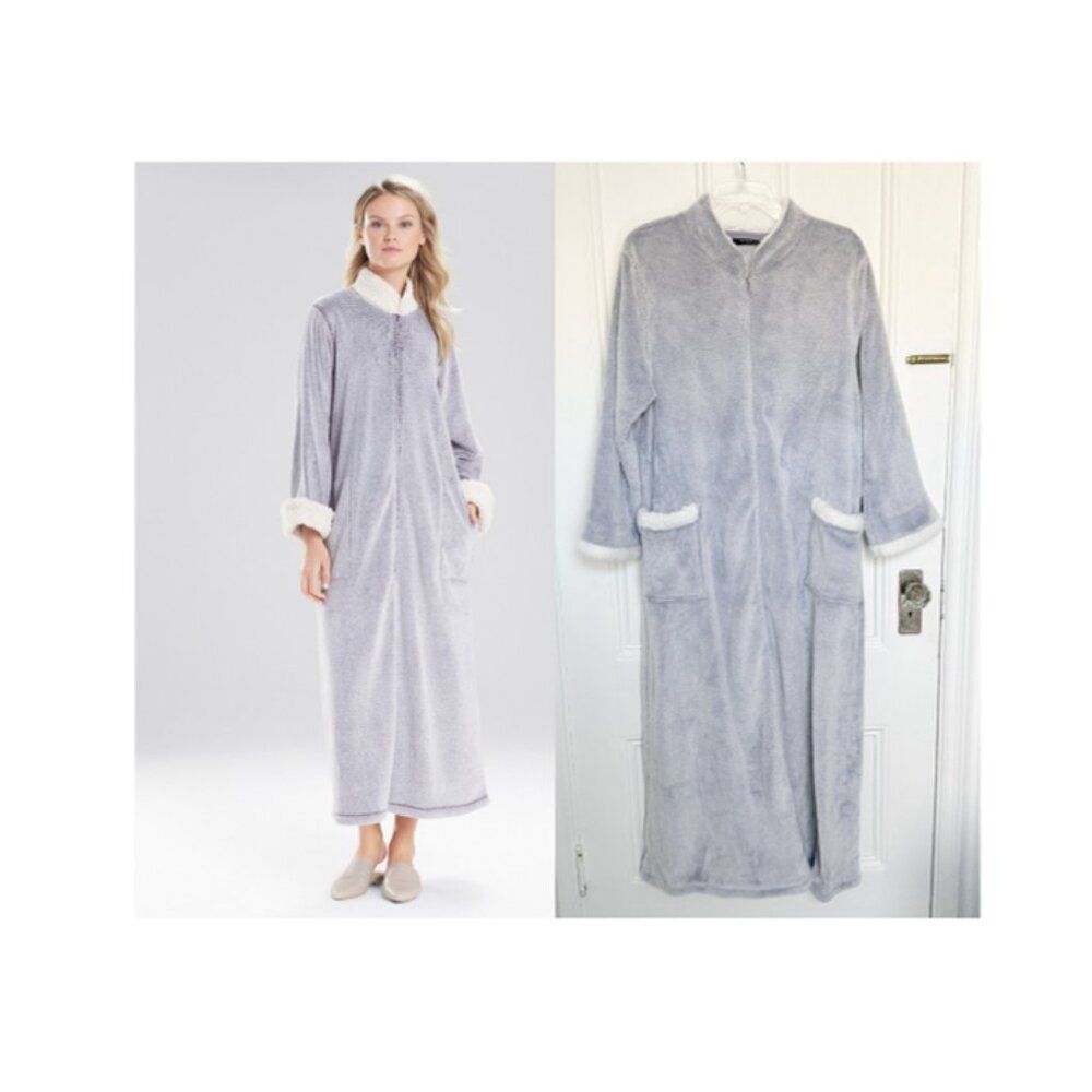 NATORI Lounger Robe Caftan XL Velour Sherpa Zip Front Slate Purple Zip WORN ONCE